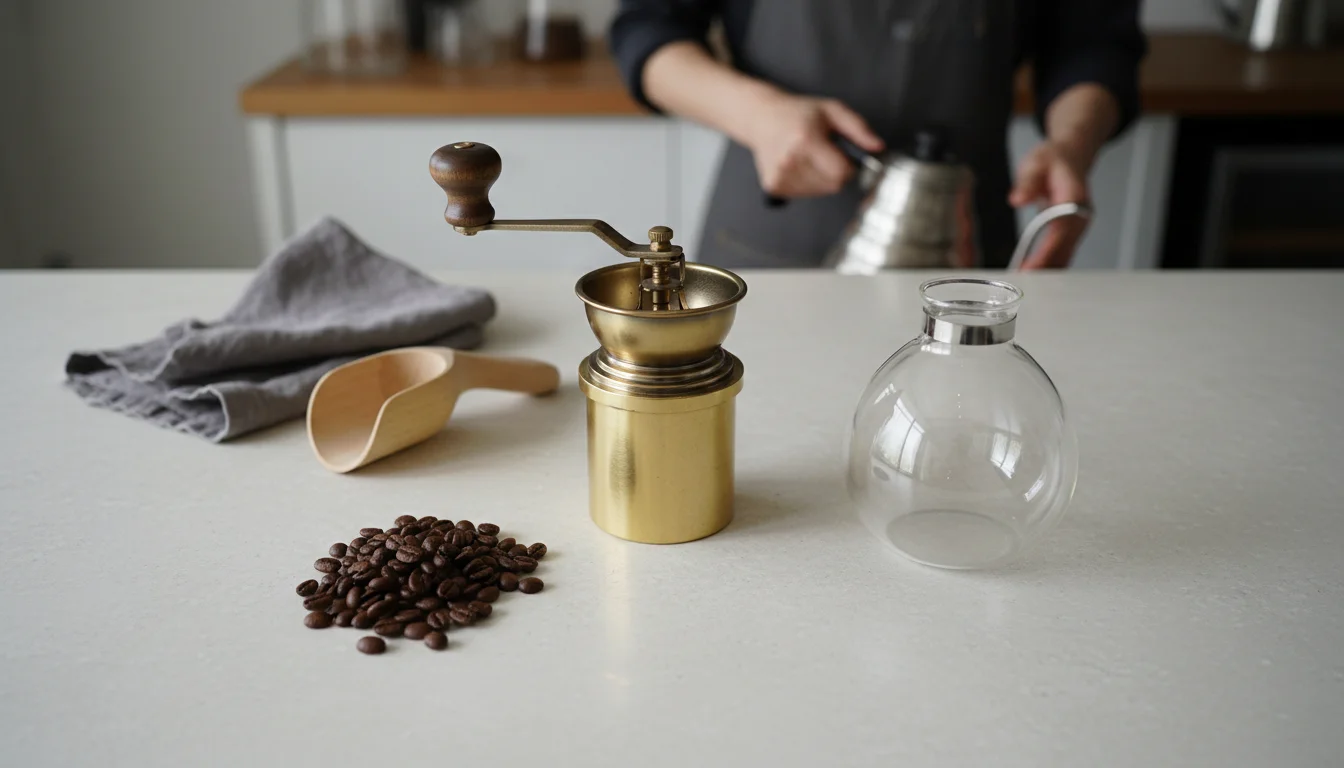 焙煎前後のコーヒー豆と計量器具が並ぶ木製カウンター
